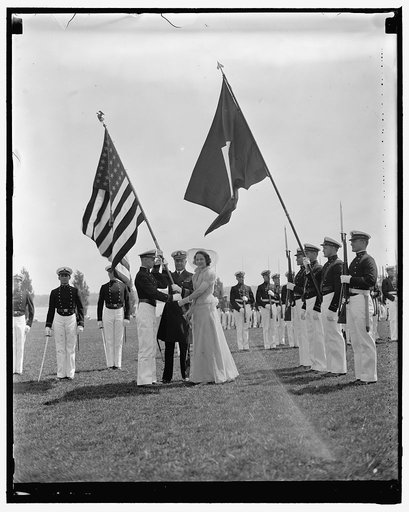Color presentation at Annapolis. Annapolis, MD May 31. June week at Annapolis got off to a flying start today when Janet Cunneen, of Washington, DC, this year's regimental color girl presented the colors to the company commander H.B. Hahn, Admiral David Sellers, Superintendent of the Naval Academy i