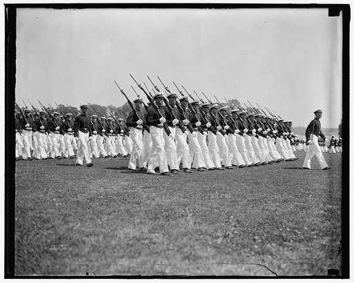 Midshipmen on parade. Annapolis, MD May 31. Annapolis midshipmen on parade during June week excercises at the Naval Academy, 5/31/37
