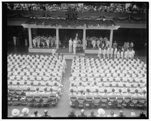 Graduation day at Annapolis. Annapolis, MD, June 3. 319 midshipmen received their diplomas and the degree of Bachelor of Science today before a cheering crowd of undergraduates, parents, friends, and sweethearts assembled in the huge Naval Academy Armory, Chief of the Bureau of Navigation Adolphus A
