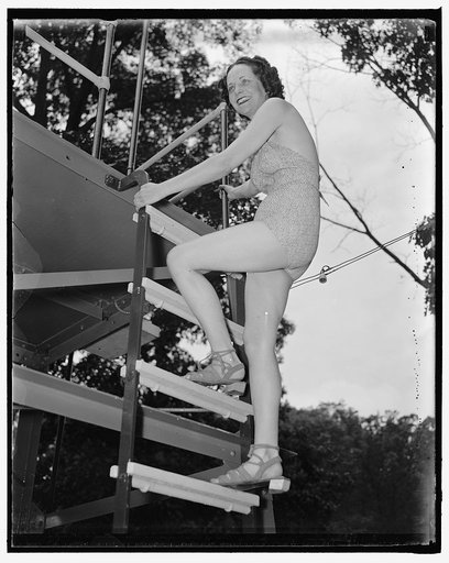 Senatorial Beauty. Washington, D.C. June 4. A real beauty in the senatorial circle is Mrs. Claude A. Pepper, wife of the United States Senator from Florida. She is pictured about to take her daily dip in the Wardman Park Pool, 6/4/37