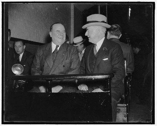 On way to special session. Washington, D.C., November 15. Senator Champ Clark of Missouri and Senator Royal S. Copeland, of New York, travel the senate subway on their way to the opening of the special. From his expressions it is evident that Senator Copeland (like all politicians) has forgotten his