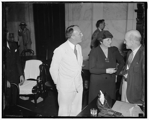 Labor Secretary endorses wage and hour bill. Washington, D.C. June 4. Secretary of Labor Frances Perkins, who appeared before the Senate and House Labor Committees today to endorse the Black-Connery Wage and Hour Bill, is pictured with the authors of the legislations, Senator Hugo L. Black of Alabam