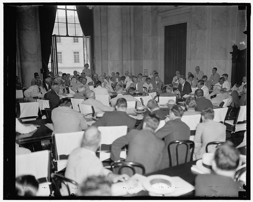 Labor chief draws crowd at Capitol hearing. Washington, D.C. June 7. The appearance of John L. Lewis, C.I.O. Chief, before the Senate and House Labor Committees today drew a packed house at the hearing today. Lewis is shown at the right as he began his testimony in which he endorses the Black-Conner