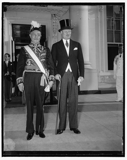 Presents credentials. Washington, D.C. June 8. Dr. Chenting T. Wang, new ambassador from China to the United States, leaving the White House today after presenting his to President Roosevelt. Richard South gate of the State Department, accompanied the new ambassador. 6/8/37