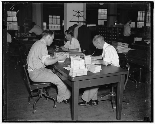 There is nothing "hit or miss" about the handling of account applications in the Social Security Board Records Office. To facilitate keeping a constant check on each, applications are grouped in blocks of 1,000, numbered in sequence, before they are started through the various operations necessary t