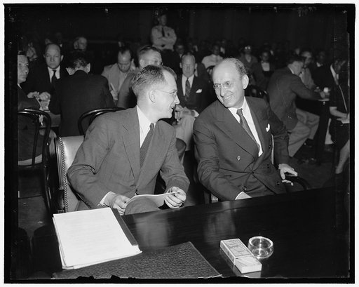 Treasury Heads urge stricter tax laws. Washington, D.C. June 17. Secretary of Treasury Henry Morgenthau, and Rosewell Magill, Undersecretary of Treasury, as they appeared before the Joint Congressional Tax Committee today to urge passage of new legislation which will close the loop-holes in the Fede