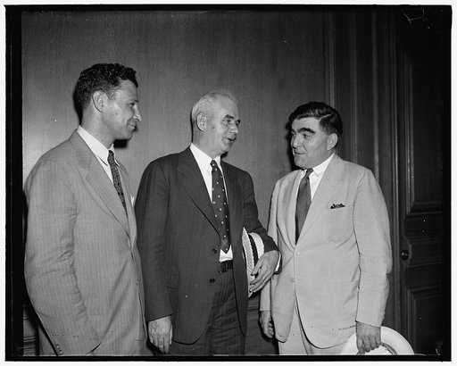 Union leaders see Labor Secretary. Washington, D.C. June 17. Following a conference with Secretary Perkins today Philip Murray, Chairman of the Steel Workers Organizing Committee, announced he would be glad to cooperate with the New Steel Mediation Board. In the photograph, left to right: Lee Pressm