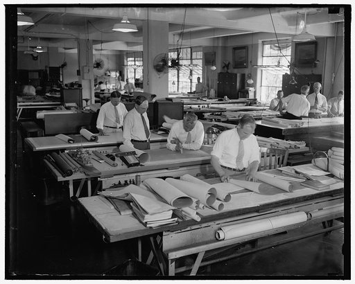 Rush plans for new U.S. Battleships. Washington, D.C., June 23. Scene in Construction and Repair Division of the U.S. Navy Department where plans for the two new 35,000 ton battleships are being rushed to completion. Work on the ships will get underway in four to six months, Charles Edison, Assistan