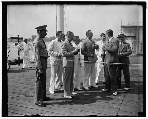 Newsmen kept at a distance. Annapolis, MD, June 25. A roped-off area, guarded by a burly marine, was used to prevent any of the overzealous newspapermen from stowing away on the boats leaving here for Jefferson Island where President Roosevelt's holding a three-day political confab with democratic m