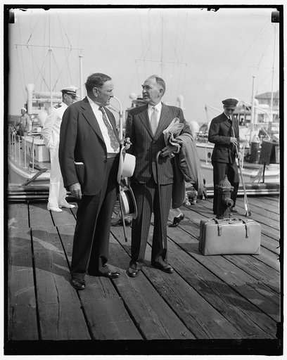 Senate and House leader leave for Roosevelt political confab. Annapolis, MD, June 25. Senator Joseph T. Robinson, (left) Senate Majority Leader, and Speaker of the House William B. Bankhead, arrive to board the first boat leaving here for Jefferson Island and President Roosevelt's "Love Feast" for D