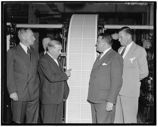 First off the press. Washington D.C., Sept. 10. The first printing of the new three-cent stamp which will be issued to commemorate the 150th anniversary of the adoption of the Constitution, came off the press today at the Bureau of Engraving and Printing. The first sale of the stamp will be at Phila