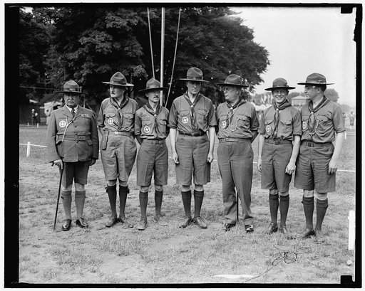 Leaders of Boy Scout National Jamboree Washington D.C. June 30. Upon the shoulders of these men rests the responsibility of caring for the 30,000 Boy Scouts from all parts of the world now encamped in the Capitol for the National Jamboree. In the photograph, left to right: Daniel T. McMannus, Repres