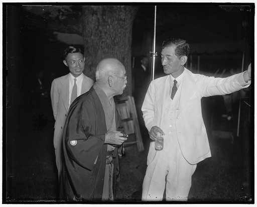 At party to Chinese Minister of Finance. Washington D.C. July 1. Dr. Rokuichiro Masujima, (left) Internationally famous Japanese lawyer, and Japanese Ambassador Hirosi Saito. Arriving at the Chinese Embassy for the reception in honor of Dr. H.H. Kung, China's Finance Minister. Note Dr. Masujima's na