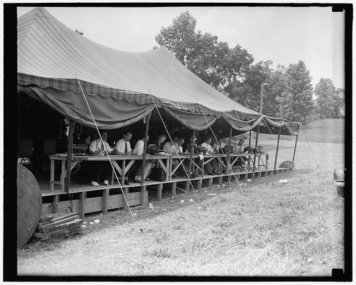 Press tent and Roosevelt-Dupont wedding. Wilmington, Del., July 1. The press tent outside Owl's Nest, home of the Duponts, where hundreds of news writers filed their stories on the Roosevelt Dupont wedding