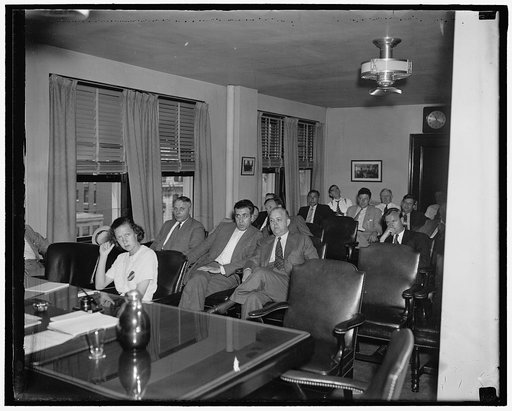 At CIO: Maritime labor meeting. Washington D.C. July 7. Scene at C.I.O. headquarters today when John L. Lewis met with 26 leaders of maritime labor groups to discuss a possible inauguration of a coordinated unionization drive in the industry. 7/7/37