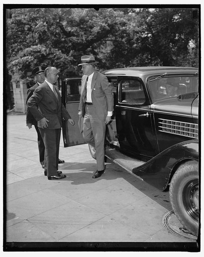 PWA Administrator. Washington D.C., July 14. Harry Hopkins, WPA Administrator, arriving at the White House for a conference with President Roosevelt on housing, 7/14/37