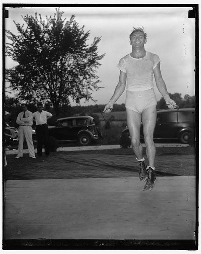 Middleweight champion expert rope skipper. Washington D.C. July 16. Rope skipping plays an important part in the training program of middleweight champion Freddied Steele, as he prepares for his coming battle on July 20 with Hobo Williams at Griffith Stadium. The championship will be at stake in the