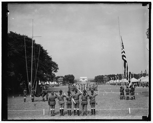 Boy Scout Jamboree officially opens. Washington D.C. June 30. With nearly 30,000 boys standing at attention, flags throughout the Boy Scout encampment were simultaneously raised today to mark the official opening of the Great National Jamboree. This picture was made near the foot of the Washington M