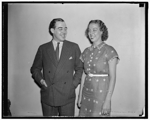 Senator Holt and Sister Jane. Washington D.C., July 29. Miss Jane Holt is shown with her brother Senator Rush Holt(Democrat) of West Virginia. Miss Holt who has been acting as secretary and hostess for her Senator brother for the past two years will announce her engagement to Ralph K. Chase, lawyer,