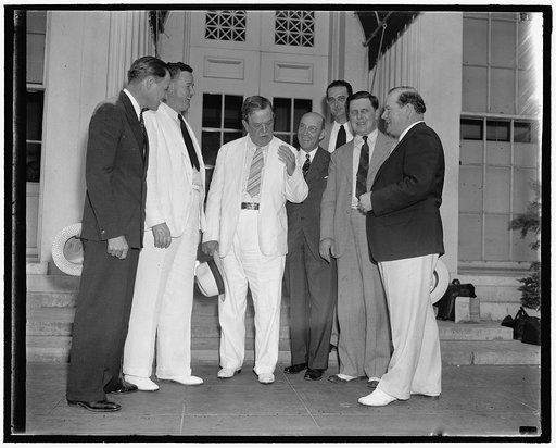 Cotton state Solons present demands for enactment of farm program to president. Washington, D.C., Aug 5. Led by Senator Ellison D. "Cotton Ed" Smith, of South Carolina, a delegation of congressmen from the cotton states called on President Roosevelt today and presented their demands for enactment of