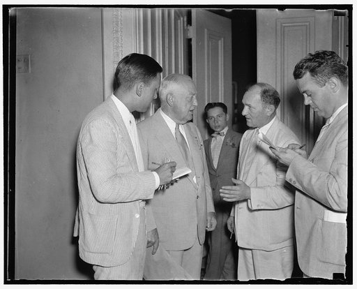 Newsmen quiz Snell on sale of Demo[...] handbooks. Washington, D.C., Aug. 12. Reporters were wa[...] for House Minority Leader Bertrand Snell a [...] left the House Rules Committee today charging before the Committee that the sales [...] books on the Democratic National Convention [...] "disgraceful