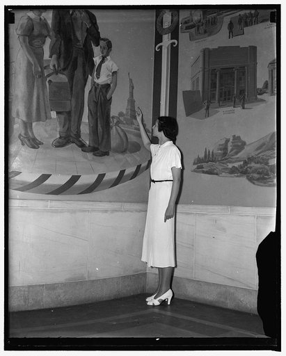 Many errors found in Department of Justice mural. Washington, D.C., Aug. 17. Aides of Attorney General Cummings are taking great delight these days in criticizing the realism of several of the murals which [...] Boughe[?], New York artist painted for the new Department of Justice building. Miss Marg
