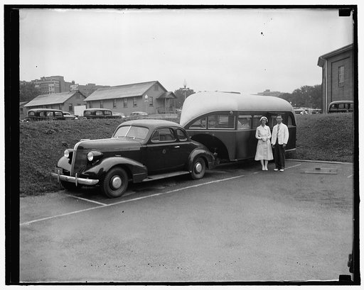 U.S. Public Health Service uses trailer clinic in war against syphilis. Washington, D.C. Aug. 23. Ready for action the new trailer-laboratory just completed for the United States Public Healthy Service arrived in the Capital today for inspection by government officials. Dr. L.E. Burney and Nurse Fra
