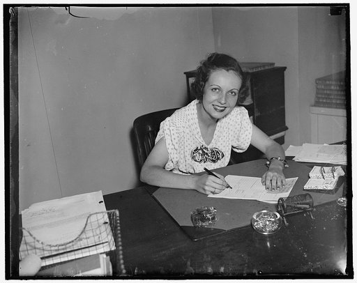 Signs president's name. Washington, D.C., Sept. 8. Affixing the signature "Franklin D. Roosevelt" to land grants and patents, Jeanne [...], 20, is getting a great thrill out of her new [...]h the General Land Office. As "Secretary to the President [...]ning Land Grants and Patents," she is the only 