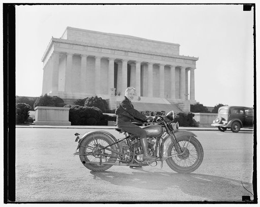 First of fair sex to obtain motorcycle license in Capital. Washington, D.C., Sept. 15. Although she weights only 88 pounds--one-third of the machine she rides, Mrs. Sally Halterman is the first woman to be granted a license to operate a motorcycle in the District of Columbia. She is 27 years old and
