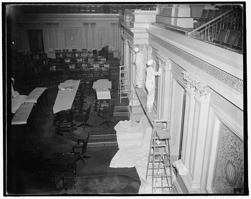 Senate chamber renovated. Washington, D.C., Sept. 28. While the Solons are back home repairing their political fences, workmen are busy doing a face-lifting job on the Senate Chamber. The historic chamber will be completely painted and renovated before the next session of Congress, 9/28/37
