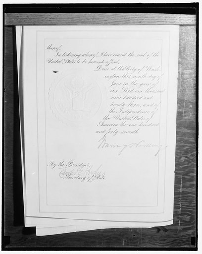 Last page of a document signed by President Warren Harding on June 9, 1923