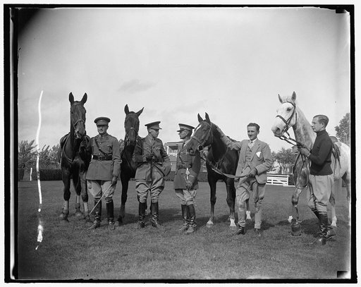To complete in inter-American horse show. Washington, D.C., Oct. 18. Members of the Belgian horse show team who recently arrived in Washington to compete in the Inter-American Horse Show to be held at Meadowbrook October 21-24. This picture was made at Fort Myer, Va., where they were schooling their