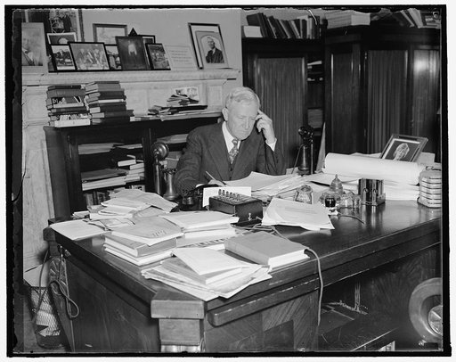 Texas senator. Washington, D.C., Nov. 4. The veteran U.S. Senator from Texas, Morris Sheppard is busily engaged these days preparing for the opening of the special session Congress on November 15. This picture was made at Senator's office today. 11/4/37