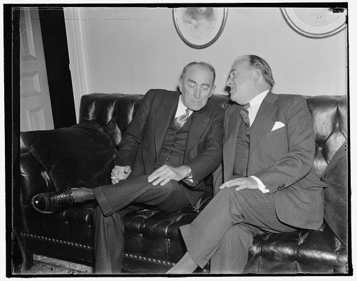 House leaders in huddle. Washington, D.C., Nov. 12. Speaker of the House William B. Bankhead, (left) and Rep. John J. O'Connor, House Majority, snapped at the Capitol today as they discussed plans for the special session which convenes on November 15. 11/12/37