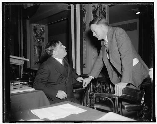 New York Mayor and NLRB chairman. Washington, D.C., Nov. 16. No doubt these two gentleman, Mayor Fiorello Laguardia of New York City, and J. Warren Madden, Chairman of the National Labor Relations Board, were discussing the Wagner Labor Relations Act when this picture was snapped at the U.S. Confere