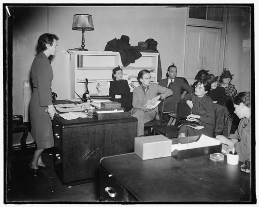 Federal Workers school. Miss Eleanor Nelson, Secretary and Treasurer of the United Federal Workers of America, teaches the class in union organization at the federal workers school. Techniques of organizing and methods of vitalizing committee work are discussed at this class, as well as the history 
