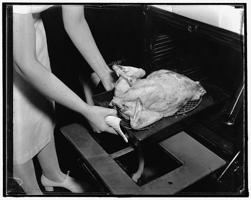 Correct way to bake turkey. An important step: this placing of the bird in the pan. It must be placed breast side down on a rack in an open, dry roaster. It is baked at an even temperature of between 300 and 350 degrees
