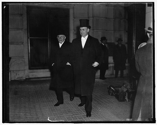 Treasury secretary and father. Washington, D.C., Dec. 13. Secretary of the Treasury Henry Morgenthau, Jr., with his father Henry Morgenthau, Sr., as they arrived at the Willard Hotel for the Gridiron dinner