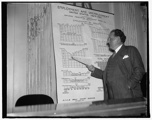 Seven million unemployed due to influx of new workers, senate committee told. Washington, D.C., Jan. 5. By means of a chart Virgil Jordan, President of the National Industrial Conference, tells the Special Senate Committee on unemployment that an influx of new workers and a "normal labor reserve" wo
