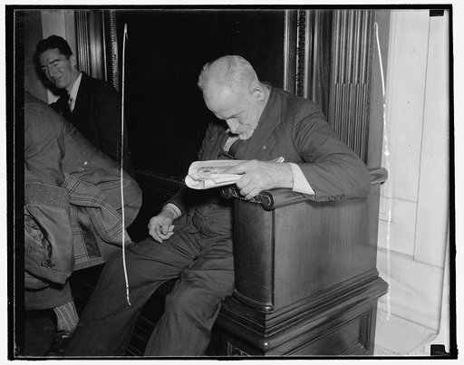 Naps thru senate questioning. Washington, D.C., Jan. 7. While a majority of the spectators were cupping their ears to catch every word uttered by A.F. of L. head before the Senate Committee Investigating Unemployment today, this old gent found it very boring and promptly dozed off to sleep, 1/7/38