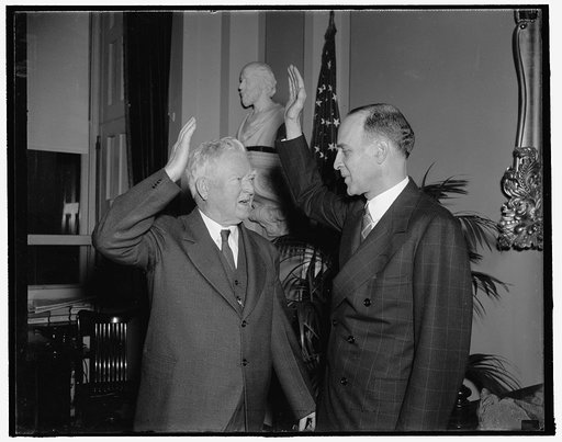New Alabama sworn in by vice president. Washington, D.C., Jan. 11. Senator Lister Hill, of Montgomery, Ala., former congressman, was sworn in today as senator taking the place of Sen. Dixie Bibb Graves. He is shown as he took the oath from Vice President John N. Garner, 1/11/38