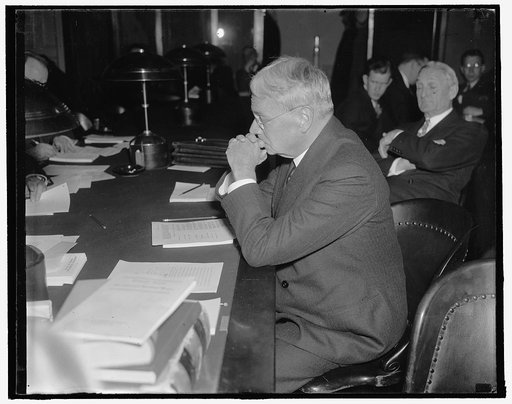 California's veteran republican senator. Washington, D.C., Jan. 19. Senator Hiram W. Johnson, veteran republican legislator from California, pictured in a series of poses while he listened to testimony before the Senate Commerce Committee now investigating the country's maritime industry. Senator Jo