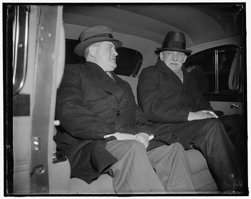 Auto heads confer with Roosevelt. Washington, D.C., Jan. 27. K.T. Keller, President of Chrysler, left; and William S. Knudsen, President of General Motors, shown leaving the White House today, after they approved President Roosevelt's credit selling and recommendation, 1/21/38