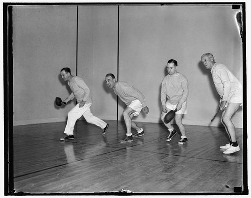 Gym in House Office building. Left to right: Pete Henderson, Trainer; Cong. James Mead, N.Y.; Cong. Elmer J. Ryan, Minn.; Cong. William F. Lambertson, Kan.