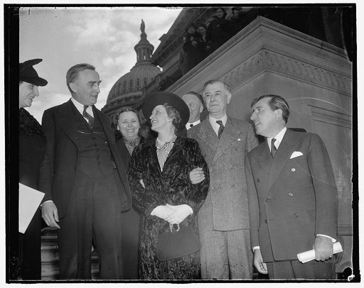 Lady Astor welcomed at Capitol. Washington, D.C., Jan. 27. Lady Astor, the former Nancy Langhorne of Virginia and now a member of the British Parliament, received a warm welcome when she looked in on the United States Senate today. In the photograph, left to right: Senator Joseph O'Mahoney, Senator 