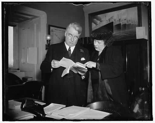 Senate Commerce Committee Chairman studies testimony of NLRB aide. Washington, D.C., Feb. 2. Senator Royal Copeland studies further the testimony of Mrs. Elinore M. Herrick, New York Regional Director for the National Labor Relations Board, who told the committee today that threats against her life 