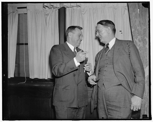 Left to right: W.K. Gunther of Gaffney, So. Car. Pres. & [...] Treas. of Dery Damask Mills Chairman of Wage & Hour Committee. Jim Daly of Columbus, Ohio. United Com'l Travelers, Chairman of Loans to Small Business. Small Business Mens Conference, 2/3/38