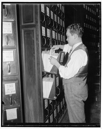 How a bill become a law. At the same time that the bill is sent to the committee , it is also filed in the document room, so that interested parties may obtain a copies for inspection. John H. Smith of the House Document room is shown here filing a bill