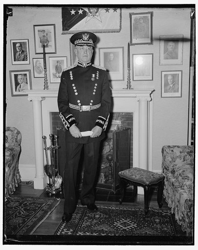 Gen. Craig in new dress uniform. Washington, D.C., Feb. 25. Resplendently attired in his new midnight blue and gold dress uniform, Gen. Malin Craig, Chief of Staff, last night inaugurated his attire at the President's Reception. The new dress uniform pictured is the only self designed uniform permit