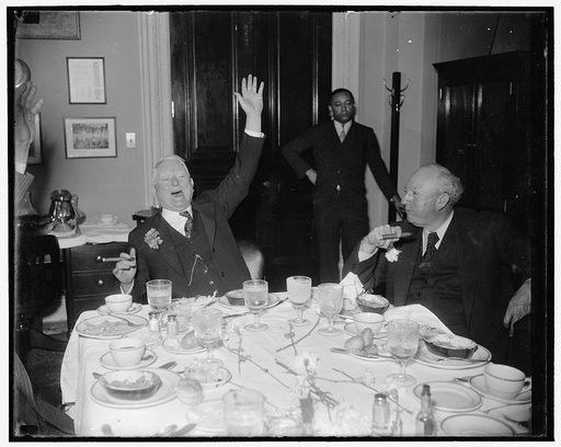 The Winnah! Washington, D.C., March 1. Vice President Garner proclaims himself the winner of the impromptu oyster eating contest at the Capitol today in which members of the Senate participated. The bivalves were presented to the Senate by the New England Oyster Growers' Exchange through Senator The